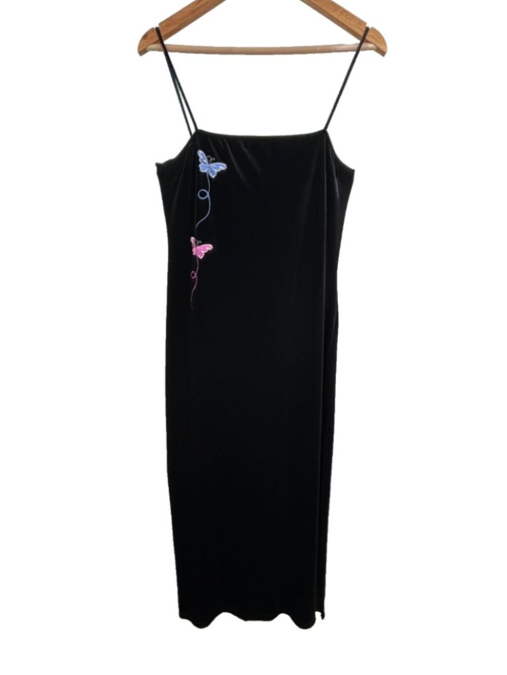 VTG 90s Status Collection Black Velvet Butterfly Maxi Dress L Whimsigoth Grunge